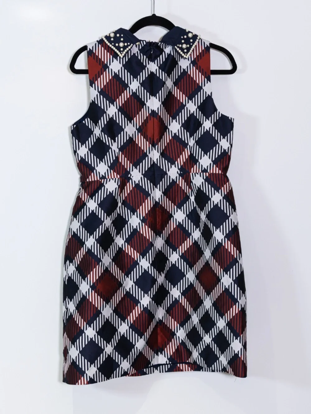 Kate Spade Jumbo Plaid Print Pattern Taffeta Pearl Embellished Collar Dress 10